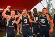 18 May 2019; Ulster University Elks Basketball players Shane O’Connor, 7, Conall Mullan, Daniel Stewart, 10, and Tomas Banys, right, celebrate after the Mens Final between Ulster University Elks Basketball and Templeogue Basketball Club at the second annual Hula Hoops 3x3 Basketball Championships at Bray Seafront in Co.Wicklow. Photo by Ray McManus/Sportsfile
