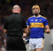 19 May 2019; Séamus Callanan of Tipperary pleads his innocence to referee John Keenan during the Munster GAA Hurling Senior Championship Round 2 match between Tipperary and Waterford at Semple Stadium, Thurles in Tipperary. Photo by Ray McManus/Sportsfile