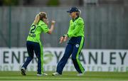 5 May 2019; Celeste Raack of Ireland, left, celebrates with team-mate Gaby Lewis after taking the wicket of Stafanie Taylor of West Indies during the T20 International between Ireland and West Indies at the YMCA Cricket Ground, Ballsbridge, Dublin.  Photo by Brendan Moran/Sportsfile