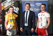 28 May 2019; GPA CEO Paul Flynn, centre, with Ulster University and Antrim footballer Pat Brannigan, left, and Ulster University and Tyrone footballer Michael McKernan at the GPA UUJ Scholarship Launch at Ulster University's Jordanstown Campus in Newtownabbey, Co. Antrim. Photo by Oliver McVeigh/Sportsfile