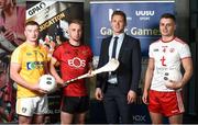 28 May 2019; GPA CEO Paul Flynn, second from left, with Ulster University and Antrim footballer Pat Brannigan, left, Ulster University and Down hurler Mark Fisher and Ulster University and Tyrone footballer Michael McKernan at the GPA UUJ Scholarship Launch at Ulster University's Jordanstown Campus in Newtownabbey, Co. Antrim. Photo by Oliver McVeigh/Sportsfile