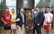 28 May 2019; Ulster University and Down hurler Mark Fisher, left, with, from left to right, Ulster University and Antrim footballer Pat Brannigan, Ulster University GAA President Dr John Farrell, Ulster University Director of Campus Life Amanda Castray, Ulster University Student support manager David Flynn, GPA CEO Paul Flynn, and Ulster University and Tyrone footballer Michael McKernan at the GPA UUJ Scholarship Launch at Ulster University's Jordanstown Campus in Newtownabbey, Co. Antrim. Photo by Oliver McVeigh/Sportsfile