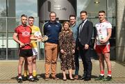 28 May 2019; Ulster University and Down hurler Mark Fisher, left, with, from left to right, Ulster University and Antrim footballer Pat Brannigan, Ulster University Director of Campus Life Amanda Castray, GPA CEO Paul Flynn, and Ulster University and Tyrone footballer Michael McKernan at the GPA UUJ Scholarship Launch at Ulster University's Jordanstown Campus in Newtownabbey, Co. Antrim. Photo by Oliver McVeigh/Sportsfile