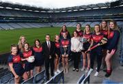 28 May 2019; In attendence at today’s sponsorship launch between Cuala and Amgen at Croke Park in Dublin is Cuala ladies footballer and camogie players, from left, Sinead Wylde, Siobhan Ni Ceallaigh, Cliodhna Reidy, Shauna Curtis, Vice President of Amgen Allen Harmon, Orlaith O'Sullivan, Hannah O'Dea, Doireann Ní Shióchain, Director of HR at Amgen Olive Casey, Bláithín Lane, Jennifer Dunne, Roisin O'Grady, Sinéad Ruigrok, Jennifer Byrne which is the first ever GAA club sponsorship to include education and employment incentives. Photo by Harry Murphy/Sportsfile