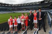 28 May 2019; In attendence at today’s sponsorship launch between Cuala and Amgen at Croke Park in Dublin is Cuala footballers Peadar O'Coifigh Byrne and Conor Mullaly, Cuala PR Officer Paul Cahill, Cuala footballer Michael Fitsimons, Laoise O'Murchu of Amgen, Uachtaráin Cumann Lúthchleas Gael John Horan, Footballer Con O'Callaghan and Former Cuala Chairman Des Cahill, which is the first ever GAA club sponsorship to include education and employment incentives. Photo by Harry Murphy/Sportsfile