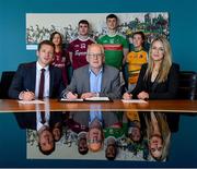 29 May 2019; In attendance at the GPA WGPA NUIG Scholarship Launch are, front from left, Paul Flynn, CEO of GPA, Des Foley, Acting VP OF Academic Affairs and Registrar at NUIG, and Lorraine Ryan, WGPA Executive, with players, from left, Galway camogie player Tara Kenny, Galway hurler Jack Coyne, Mayo footballer James McCormack, and Leitrim ladies footballer Bronagh O'Rourke, at Galway-Mayo Institute of Technology in Galway. Photo by Piaras Ó Mídheach/Sportsfile