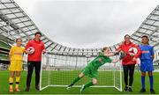 29 May 2019; The SPAR FAI Primary School 5s National Finals took place in AVIVA Stadium on Wednesday, May 29, where former Republic of Ireland International Keith Andrews and current Republic of Ireland women's footballer, Megan Campbell were in attendance supporting as girls and boys from 13 counties battled it out for national honours. The 2019 SPAR FAI Primary School 5s Programme was the biggest yet with a record 37,448 participants from 1,696 schools taking part in county, regional and provincial blitzes nationwide. Pictured are, from left, Jodie Loughrey, aged 12, from Donegal, former Republic of Ireland International Keith Andrews, Ellie Browne, aged 13, from Galway, Republic of Ireland International Megan Campbell and Declan Osagie, aged 13, from Offaly, at the Aviva Stadium in Dublin.   Photo by Sam Barnes/Sportsfile