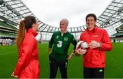 29 May 2019; Republic of Ireland Manager, Mick McCarthy was at the SPAR FAI Primary School 5s National Finals where he announced the team to take on Denmark in the UEFA European Championship Qualifiers. Mick McCarthy watched on as future stars were in action at the AVIVA Stadium with girls and boys from 13 counties battling it out for national honours. The 2019 SPAR FAI Primary School 5s Programme was the biggest yet with a record 37,448 participants from 1,696 schools taking part in county, regional and provincial blitzes nationwide. Pictured are from left, Republic of Ireland International Megan Campbell, Republic of Ireland Manager Mick McCarthy and former Republic of Ireland International Keith Andrews. Photo by Sam Barnes/Sportsfile