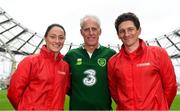 29 May 2019; Republic of Ireland Manager, Mick McCarthy was at the SPAR FAI Primary School 5s National Finals where he announced the team to take on Denmark in the UEFA European Championship Qualifiers. Mick McCarthy watched on as future stars were in action at the AVIVA Stadium with girls and boys from 13 counties battling it out for national honours. The 2019 SPAR FAI Primary School 5s Programme was the biggest yet with a record 37,448 participants from 1,696 schools taking part in county, regional and provincial blitzes nationwide. Pictured, are from left, Republic of Ireland International Megan Campbell, Republic of Ireland Manager Mick McCarthy and former Republic of Ireland International Keith Andrews. Photo by Sam Barnes/Sportsfile