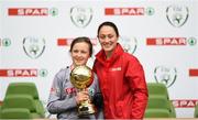 29 May 2019; The SPAR FAI Primary School 5s National Finals took place in AVIVA Stadium on Wednesday, May 29, where former Republic of Ireland International Keith Andrews and current Republic of Ireland women's footballer, Megan Campbell were in attendance supporting as girls and boys from 13 counties battled it out for national honours. The 2019 SPAR FAI Primary School 5s Programme was the biggest yet with a record 37,448 participants from 1,696 schools taking part in county, regional and provincial blitzes nationwide. Pictured is Coldagh Fitzgerald of Ovens National School, Co. Cork, being presented their Player Of The Tournament award by Republic of Ireland women's footballer Megan Campbell at the Aviva Stadium in Dublin. Photo by Harry Murphy/Sportsfile