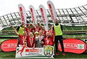 29 May 2019; The SPAR FAI Primary School 5s National Finals took place in AVIVA Stadium on Wednesday, May 29, where former Republic of Ireland International Keith Andrews and current Republic of Ireland women's footballer, Megan Campbell were in attendance supporting as girls and boys from 13 counties battled it out for national honours. The 2019 SPAR FAI Primary School 5s Programme was the biggest yet with a record 37,448 participants from 1,696 schools taking part in county, regional and provincial blitzes nationwide. Pictured are the Ovens National School Team, from Cork, at the Aviva Stadium in Dublin.   Photo by Sam Barnes/Sportsfile