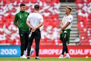 7 June 2019; Republic of Ireland players, from left, John Egan, Scott Hogan, and Callum Robinson prior to the UEFA EURO2020 Qualifier Group D match between Denmark and Republic of Ireland at Telia Parken in Copenhagen, Denmark. Photo by Seb Daly/Sportsfile