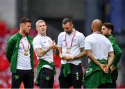 7 June 2019; James McClean of Republic of Ireland, second left, with team-mates, prior to the UEFA EURO2020 Qualifier Group D match between Denmark and Republic of Ireland at Telia Parken in Copenhagen, Denmark. Photo by Seb Daly/Sportsfile