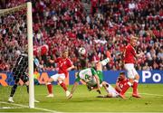 7 June 2019; Shane Duffy of Republic of Ireland has a shot on goal despite the attention of Denmark players, from left, Jens Stryger Larsen, Henrik Dalsgaard and Simon Kjær during the UEFA EURO2020 Qualifier Group D match between Denmark and Republic of Ireland at Telia Parken in Copenhagen, Denmark. Photo by Stephen McCarthy/Sportsfile