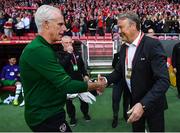 7 June 2019; Republic of Ireland manager Mick McCarthy, left, and Denmark manager Åge Hareide shake hands prior to the UEFA EURO2020 Qualifier Group D match between Denmark and Republic of Ireland at Telia Parken in Copenhagen, Denmark. Photo by Stephen McCarthy/Sportsfile