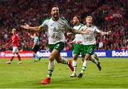 7 June 2019; Shane Duffy of Republic of Ireland celebrates after scoring his side's first goal, with team-mates James McClean, right, and Richard Keogh, during the UEFA EURO2020 Qualifier Group D match between Denmark and Republic of Ireland at Telia Parken in Copenhagen, Denmark. Photo by Stephen McCarthy/Sportsfile