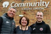 13 June 2019; Bohemians manager Keith Long and captain Derek Pender launch the new multi-year commercial partnership between Bohemian FC and Community Credit Union at their Cabra West Branch. Bohs and the Credit Union share many similarities with their members-owned models and voluntary directors, this partnership sees Ireland’s biggest voluntary organisation team up with the league’s oldest volunteer-run club. Pictured at Community Credit Union in Cabra, Dublin are, from left, Bohemians manager Keith Long, Sue Callanan, Head of Business Development, Community Credit Union, and Bohemians captain Derek Pender. Photo by Sam Barnes/Sportsfile