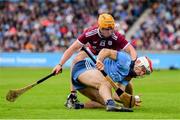 15 June 2019; Paddy Smyth of Dublin in action against David Glennon of Galway during the Leinster GAA Hurling Senior Championship Round 5 match between Dublin and Galway at Parnell Park in Dublin. Photo by Ramsey Cardy/Sportsfile