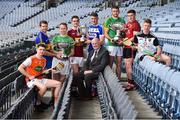 19 June 2019; Uachtarán Chumann Lúthchleas Gael John Horan with, from left, Dean Gaffney of Armagh, Edmond Kenny of Lancashire, Declan Molloy of Leitrim, Aonghus Clarke of Westmeath, Paddy Purcell of Laois, Sean Geraghty of Meath, Caolan Taggart of Down, and James Weir of Sligo during a Joe McDonagh Cup, Christy Ring, Nicky Rackard & Lory Meagher Cup Final media event at Croke Park in Dublin. Photo by Matt Browne/Sportsfile