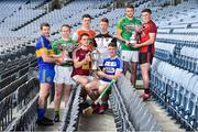 19 June 2019; Joe McDonagh Cup finalists, centre, Aonghus Clarke of Westmeath and Paddy Purcell of Laois, with, from left, Lory Meagher Cup finalists Edmond Kenny of Lancashire, Declan Molloy of Leitrim, Nicky Rackard Cup finalists Dean Gaffney of Armagh, James Weir of Sligo, and Christy Ring Cup finalists Sean Geraghty of Meath, Caolan Taggart of Down, during a Joe McDonagh Cup, Christy Ring, Nicky Rackard & Lory Meagher Cup Final media event at Croke Park in Dublin. Photo by Matt Browne/Sportsfile
