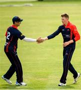 22 June 2019; Harry Tector of Northern Knights celebrates with team-mate Muray Commins after running out Graham Kennedy of North West Warriors during the IP20 Cricket Inter-Pros match between North West Warriors and Northern Knight at Pembroke Cricket Club in Dublin. Photo by Harry Murphy/Sportsfile