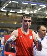 22 June 2019; Kieran Molloy of Ireland celebrates following victory during his Men’s Welterweight preliminary round bout against Goce Janeski of Macedonia at Uruchie Sports Palace on Day 2 of the Minsk 2019 2nd European Games in Minsk, Belarus. Photo by Seb Daly/Sportsfile