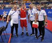 22 June 2019; Kieran Molloy of Ireland with coaching team, from left, Zaur Antia, John Conlan and Dmitry Dimitruc, following victory his Men’s Welterweight preliminary round bout against Goce Janeski of Macedonia at Uruchie Sports Palace on Day 2 of the Minsk 2019 2nd European Games in Minsk, Belarus. Photo by Seb Daly/Sportsfile
