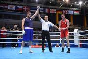 24 June 2019; Mikheil Bakhtidze of Georgia, left, celebrates following victory over Dean Gardiner of Ireland, right, during their Men's Super Heavyweight bout at Uruchie Sports Palace on Day 4 of the Minsk 2019 2nd European Games in Minsk, Belarus. Photo by Seb Daly/Sportsfile
