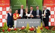 28 June 2019; Jockey Wayne Lordan, second from left, with trainer Joseph O' Brien, second from right, and winnning connections after he rode Iridessa to victory in the Juddmonte Pretty Polly Stakes race during day two of the Irish Derby Festival at The Curragh Racecourse in Kildare. Photo by Barry Cregg/Sportsfile