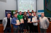 28 June 2019; Award recipients, from left, Mark Healy, Hicham Lamchaali, Jamie Adams, Cian McEvoy, Mark Healy, Geoffrey McCarthy and Dylan Kirwan, are presented with their certificates by Mark Connors, Development Officer, FAI, Cllr Vicki Casserly, Mayor of South Dublin, and Robbie De Courcy, Development Officer, FAI, during the Breakthrough Performance Awards 2019 at the South Dublin County Council Chambers in Tallaght, Dublin. Photo by Ramsey Cardy/Sportsfile