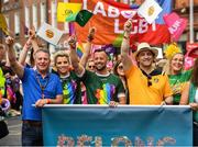 29 June 2019; Inter county GAA referee David Gough, his dad Eugene, left, former Ladies Football All Star Valerie Mulcahy, singer-songwriter and author Brian Kennedy, and comedian Katherine Lynch among the GAA group during the Dublin Pride Parade 2019 at O'Connell Street in Dublin. Photo by Ray McManus/Sportsfile