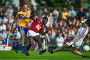 29 June 2019; David Tubridy of Clare shoots to score his side's first goal of the game despite the attentions of Boidu Sayeh, left, and Eoin Carberry of Westmeath during the GAA Football All-Ireland Senior Championship Round 3 match between Westmeath and Clare at TEG Cusack Park in Mullingar, Westmeath. Photo by Sam Barnes/Sportsfile