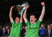 30 June 2019; Limerick co-captain Cathal O’Neill, left, and Michael Keane lift the cup after the Electric Ireland Munster GAA Hurling Minor Championship Final match between Limerick and Clare at LIT Gaelic Grounds in Limerick. Photo by Brendan Moran/Sportsfile