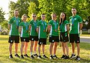 30 June 2019; Ireland medallists, from left, Badminton Mixed Doubles bronze medallists Samuel and Chloe Magee, Women's Boxing Featherweight silver medallist Michaela Walsh, Men's Boxing Light Flyweight bronze medallist Regan Buckley, Women's Boxing Welterweight bronze medallist Grainne Walsh, Women's Boxing Lightweight silver medallist Kellie Harrington, and Men's Boxing Middleweight bronze medallist Michael Nevin, prior to the closing ceremony on Day 10 of the Minsk 2019 2nd European Games in Minsk, Belarus. Photo by Seb Daly/Sportsfile