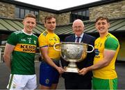 2 July 2019; Uachtarán Chumann Lúthchleas Gael John Horan with Jason Foley of Kerry, Enda Smith of Roscommon, and Hugh McFadden of Donegal, during the GAA Football All Ireland Senior Championship Series National Launch at Concra Wood Golf & Country Club in Castleblayney, Co. Monaghan. Photo by Ray McManus/Sportsfile