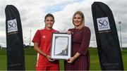 2 July 2019; Jamie Finn of Shelbourne Ladies is presented with the Só Hotels Women's National League Player of the Month Award for May by Rachel Lea Stuart, Business Development Executive of Só Hotels, at the Football Association of Ireland Headquarters in Abbotstown, Dublin.  Photo by Harry Murphy/Sportsfile