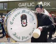 2 November 2003; Darren Dixon, a base drummer, with The Cormac McCarthy Irish Pipe Band before the start of the game. International Challange, Victoria State v Ireland, Gaelic Park, Keysborough, Melbourne, Victoria, Australia. Picture credit; Ray McManus / SPORTSFILE *EDI*