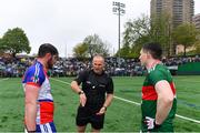 5 May 2019; Referee Conor Lane with team captains Niall Madine of New York and Paddy Durcan of Mayo before the Connacht GAA Football Senior Championship Quarter-Final match between New York and Mayo at Gaelic Park in New York, USA. Photo by Piaras Ó Mídheach/Sportsfile