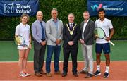 9 July 2019; In attendance during the AIG Irish Open Tennis 2019 Launch are, from left, Julianna Carton, Fed Cup player, John Doyle, Manager of Carrickmines Croquet & Lawn Tennis Club, Richard Fahey, CEO of Tennis Ireland, Councillor Shay Brennan, Chairperson of Dún Laoghaire-Rathdown County Council, John Gillick, Head of Sponsorship, AIG,  and Ammar Elamin, Irish International, at Carrickmines Croquet and Lawn Tennis Club in Dublin. Photo by Sam Barnes/Sportsfile