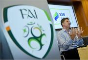 13 July 2019; Former Republic of Ireland international Niall Quinn speaking on the Future of the National League on day one of the National League Strategic Planning Weekend at FAI Headquarters in Abbotstown, Dublin. Photo by Ramsey Cardy/Sportsfile