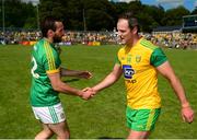 14 July 2019; Michael Murphy of Donegal shakes hands with Graham Reilly of Meath after during the GAA Football All-Ireland Senior Championship Quarter-Final Group 1 Phase 1 match between Donegal and Meath at MacCumhaill Park in Ballybofey, Donegal. Photo by Daire Brennan/Sportsfile