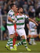 18 July 2019; Ronan Finn, left, and Greg Bolger of Shamrock Rovers celebrate following the UEFA Europa League First Qualifying Round 2nd Leg match between Shamrock Rovers and SK Brann at Tallaght Stadium in Dublin. Photo by Eóin Noonan/Sportsfile