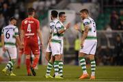 18 July 2019; Ronan Finn celebrates with Lee Grace of Shamrock Rovers following the UEFA Europa League First Qualifying Round 2nd Leg match between Shamrock Rovers and SK Brann at Tallaght Stadium in Dublin. Photo by Eóin Noonan/Sportsfile
