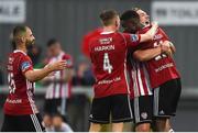 19 July 2019; Junior Ogedi-Uzokwe of Derry City, right, celebrates with team-mate Greg Sloggett after scoring his side's first goal during the SSE Airtricity League Premier Division match between Derry City and Sligo Rovers at Ryan McBride Brandywell Stadium in Derry. Photo by Oliver McVeigh/Sportsfile