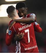 19 July 2019; Jamie McDonagh of Derry City celebrates with team-mate Junior Ogedi-Uzokwe after scoring his side's second goal during the SSE Airtricity League Premier Division match between Derry City and Sligo Rovers at Ryan McBride Brandywell Stadium in Derry. Photo by Oliver McVeigh/Sportsfile