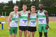20 July 2019; Raheny Shamrocks A.C. athletes, who won the Premier Men's 4x400m Relay, from left, Kieran Kelly, Cillian Kirwan, Jamie Sheridan and Brandon Arrey during the AAI National League Final at Tullamore Harriers Stadium in Tullamore, Co. Offaly. Photo by Matt Browne/Sportsfile