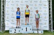 21 July 2019; Anna Russell of Olympian Youth & AC, Co Donegal, second place, Caoimhe Gray-Walsh of St. Nicholas AC, Co Cork, first place, and Lily Ryan of St. Joseph's AC, Co Kilkenny, third place, after the Girls U12 600m event during the Irish Life Health Juvenile B’s & Relays at Tullamore Harriers Stadium in Tullamore, Co. Offaly. Photo by Piaras Ó Mídheach/Sportsfile