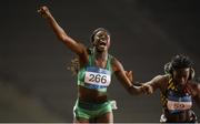 23 July 2019; Rhasidat Adeleke of Ireland celebrates after winning the girls 100m Final  at the Tofiq Bahramov Republican Stadium during Day Two of the 2019 Summer European Youth Olympic Festival in Baku, Azerbaijan. Photo by Eóin Noonan/Sportsfile