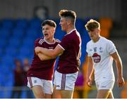 27 July 2019; Nathan Grainger of Galway, left, celebrates with team-mate Tomo Culhane after scoring his side's second goal during the Electric Ireland GAA Football All-Ireland Minor Championship Quarter-Final match between Kildare and Galway at Glennon Brothers Pearse Park in Longford. Photo by Seb Daly/Sportsfile