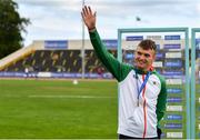 28 July 2019; World University Games 200m Bronze Medallist Marcus Lawler of Ireland is introduced to the crowd during day two of the Irish Life Health National Senior Track & Field Championships at Morton Stadium in Santry, Dublin. Photo by Sam Barnes/Sportsfile